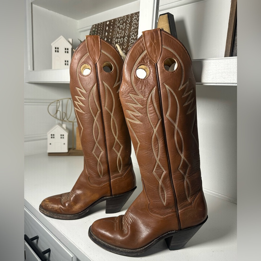 Vintage Panhandle Slim Womens 8C Tall Cowboy Boots Brown Leather Western Riding